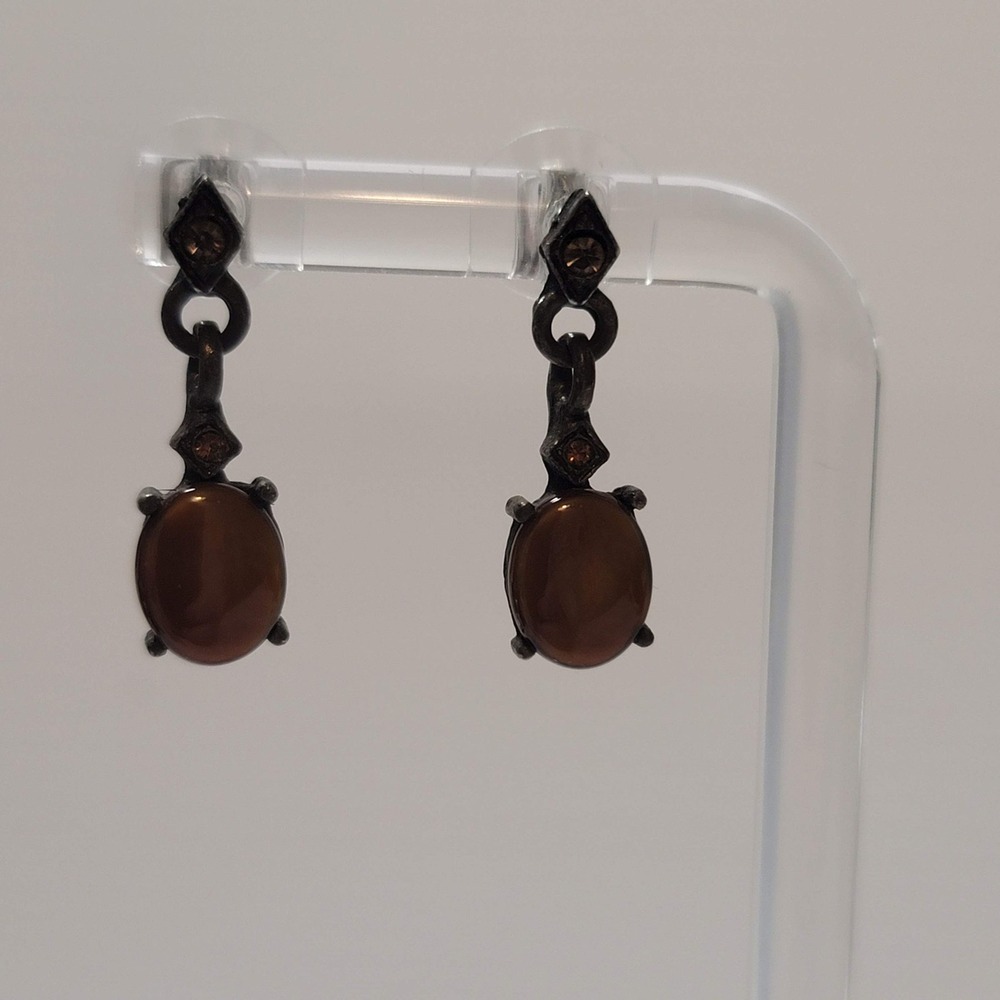 Vintage Gunmetal Brown Cabochon Drop Earrings Gothic Antique Style Dangle